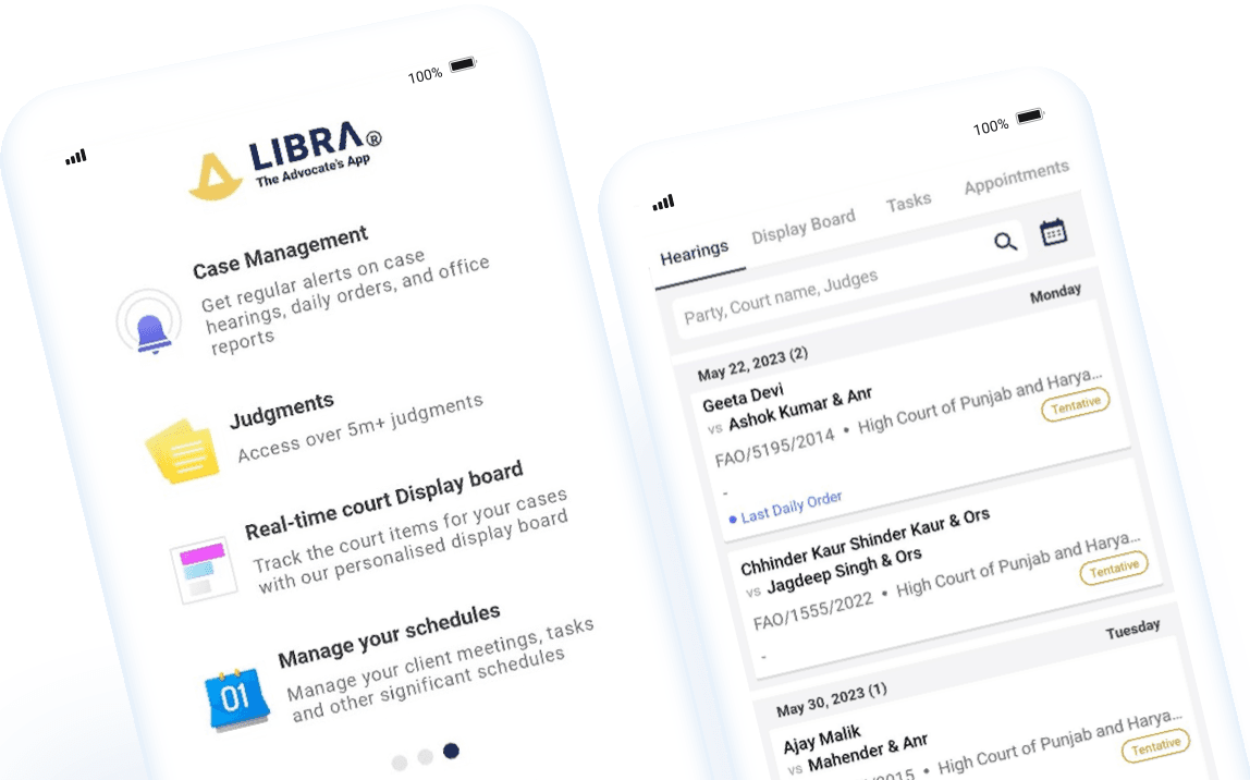 Libra mobile app showing the hearings list and the case management menu